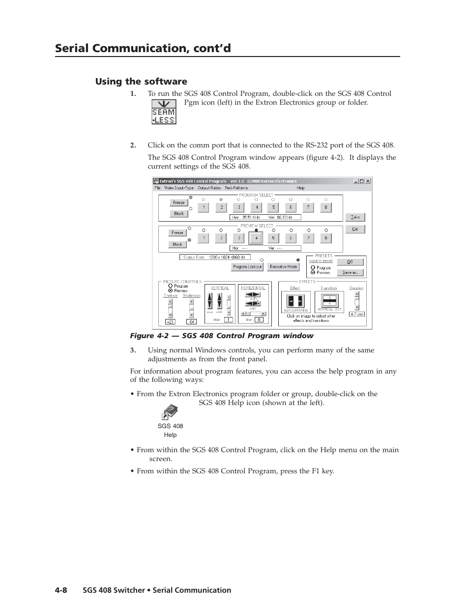 Serial communication, cont’d, Using the software | Extron Electronics SGS 408 User Guide User Manual | Page 50 / 64