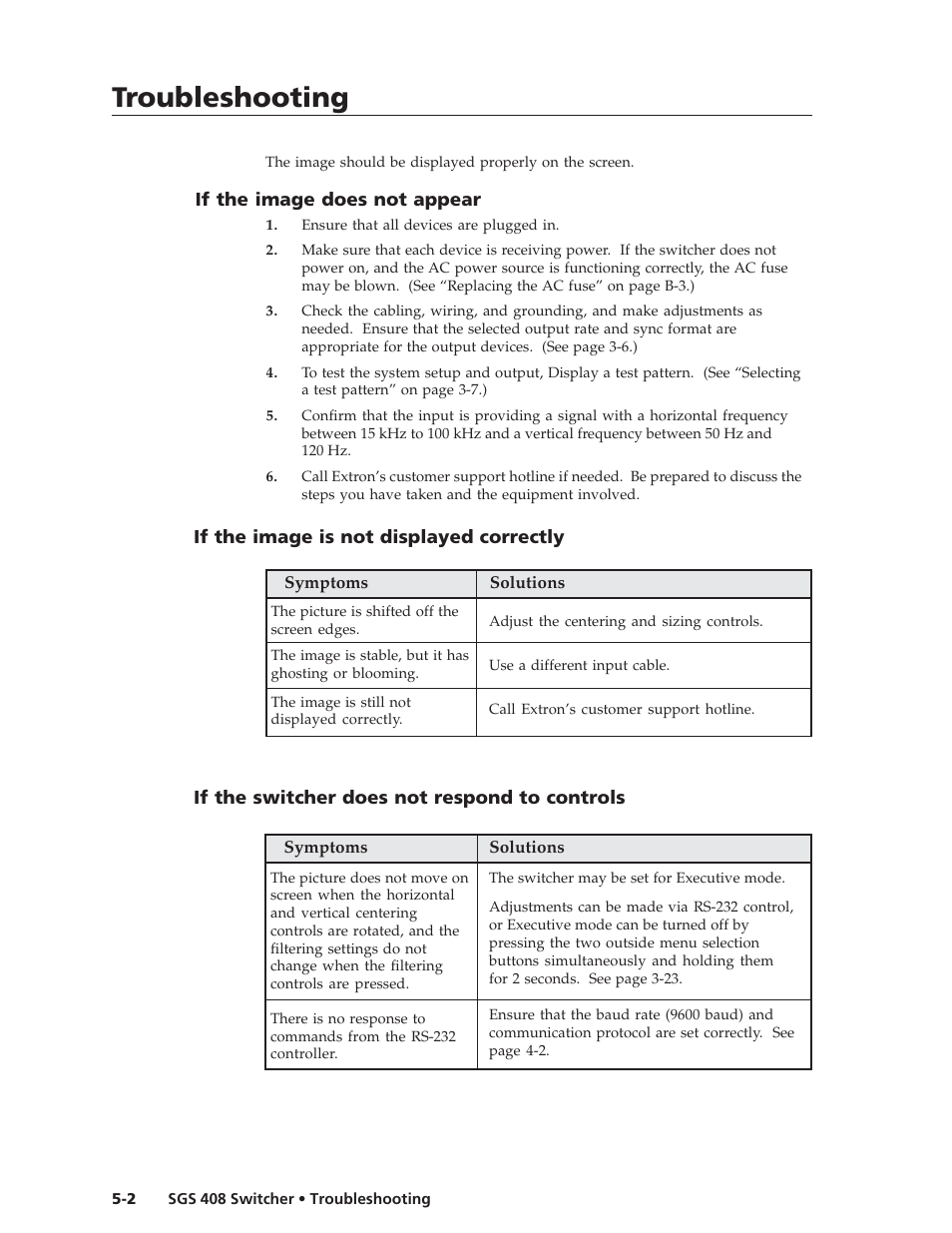 Troubleshooting, Troubleshooting, cont’d | Extron Electronics SGS 408 User Guide User Manual | Page 52 / 64