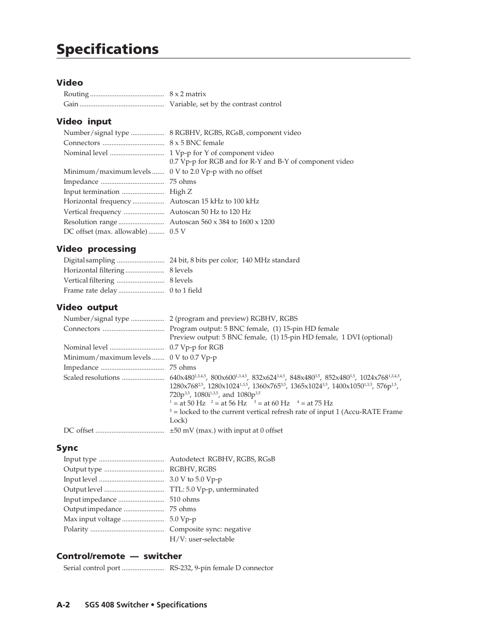 Specifications, Specifications, cont’d, Video | Video input, Video processing, Video output, Sync, Control/remote — switcher | Extron Electronics SGS 408 User Guide User Manual | Page 54 / 64