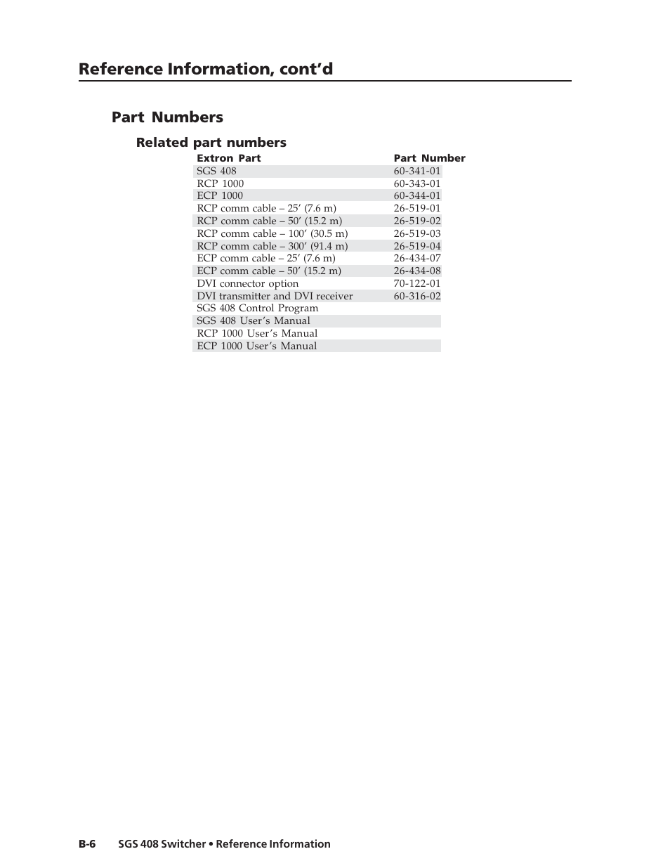 Reference information, cont’d, Part numbers | Extron Electronics SGS 408 User Guide User Manual | Page 62 / 64