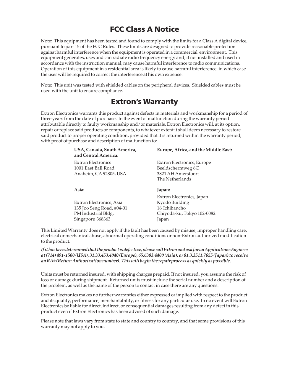 Fcc class a notice, Extron’s warranty | Extron Electronics SGS 408 User Guide User Manual | Page 63 / 64