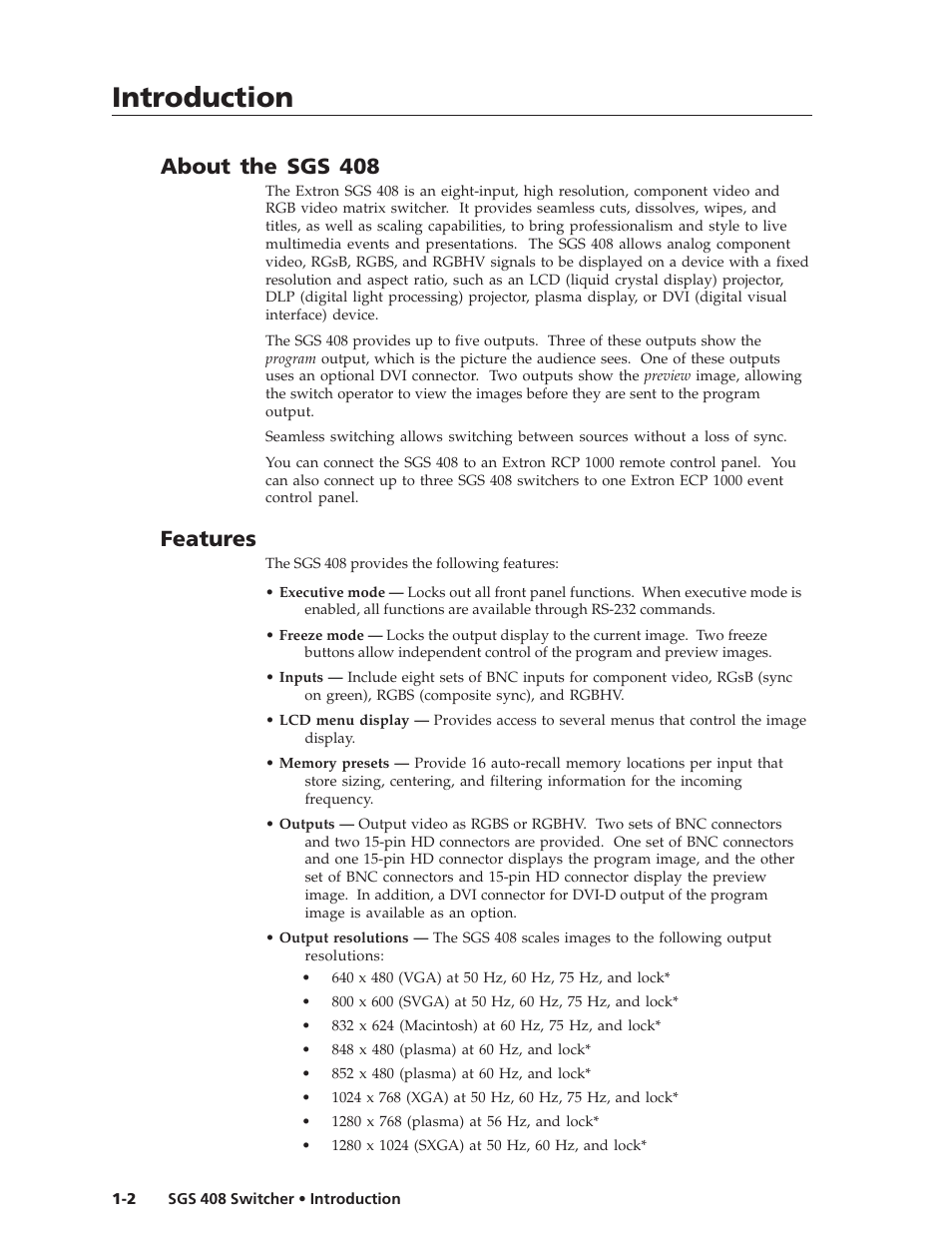 Introduction, Introduction, cont’d, About the sgs 408 | Features | Extron Electronics SGS 408 User Guide User Manual | Page 8 / 64