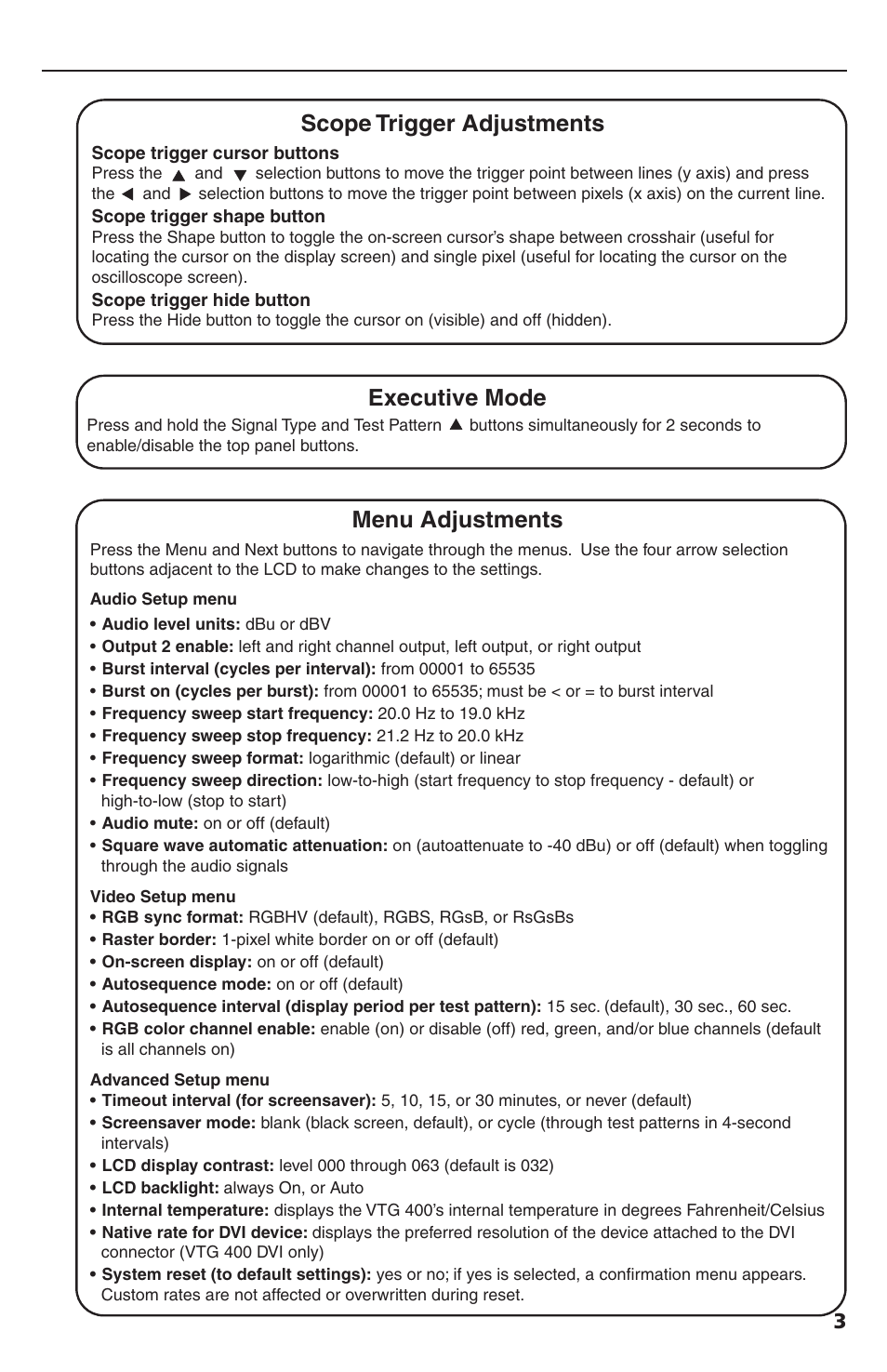 Executive mode, Menu adjustments scope trigger adjustments | Extron Electronics VTG 400D_400 DVI Setup Guide User Manual | Page 3 / 4