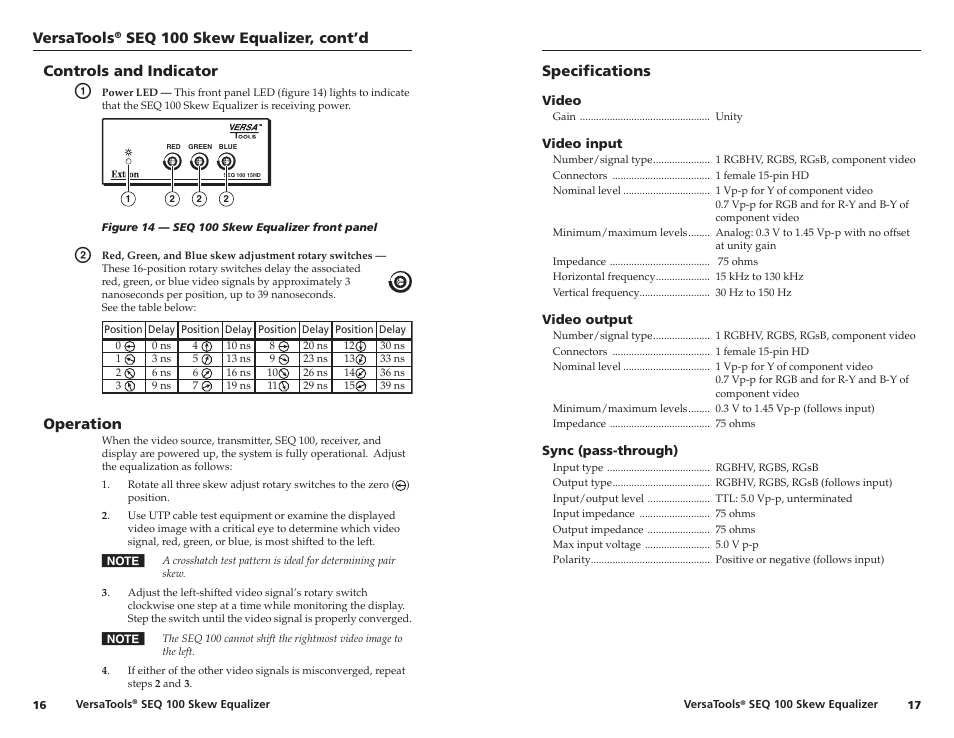 Controls and indicator, Operation, Specifications | Versatools, Seq 00 skew equalizer, cont’d | Extron Electronics SEQ 100 15HD User Guide User Manual | Page 12 / 14