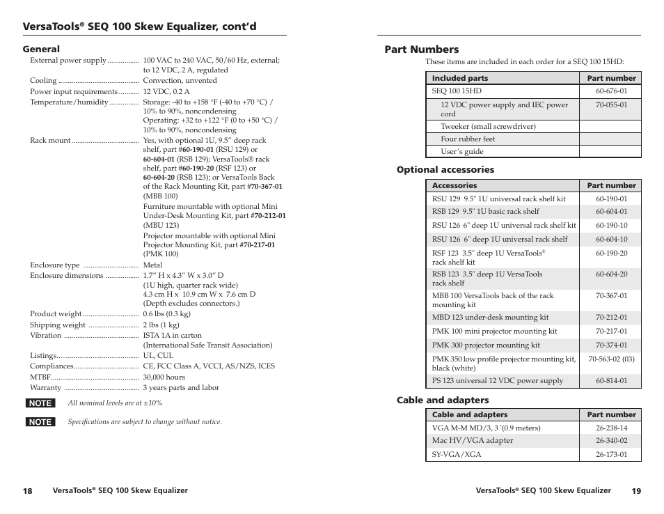 Part numbers, Optional accessories, Cable and adapters | Versatools, Seq 00 skew equalizer, cont’d | Extron Electronics SEQ 100 15HD User Guide User Manual | Page 13 / 14