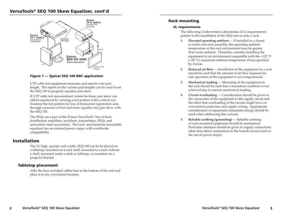 Installation, Tabletop placement, Rack mounting | Ul requirements | Extron Electronics SEQ 100 15HD User Guide User Manual | Page 5 / 14