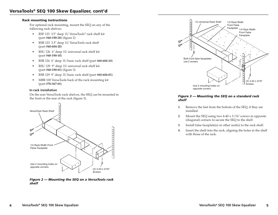 Rack mounting instructions, Versatools, Seq 00 skew equalizer, cont’d | Extron Electronics SEQ 100 15HD User Guide User Manual | Page 6 / 14