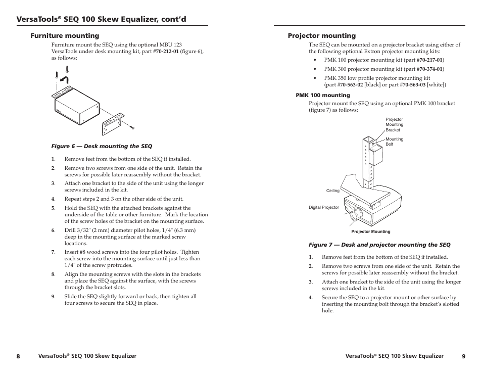 Furniture mounting, Projector mounting, Pmk 100 mounting | Versatools, Seq 00 skew equalizer, cont’d | Extron Electronics SEQ 100 15HD User Guide User Manual | Page 8 / 14