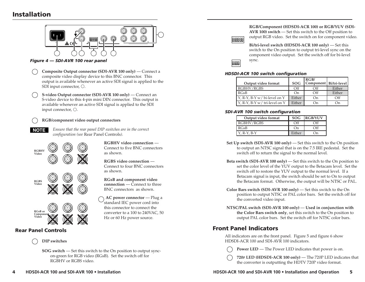Installation, Front panel indicators, Rear panel controls | Extron Electronics SDI-AVR 100 User Guide User Manual | Page 3 / 5