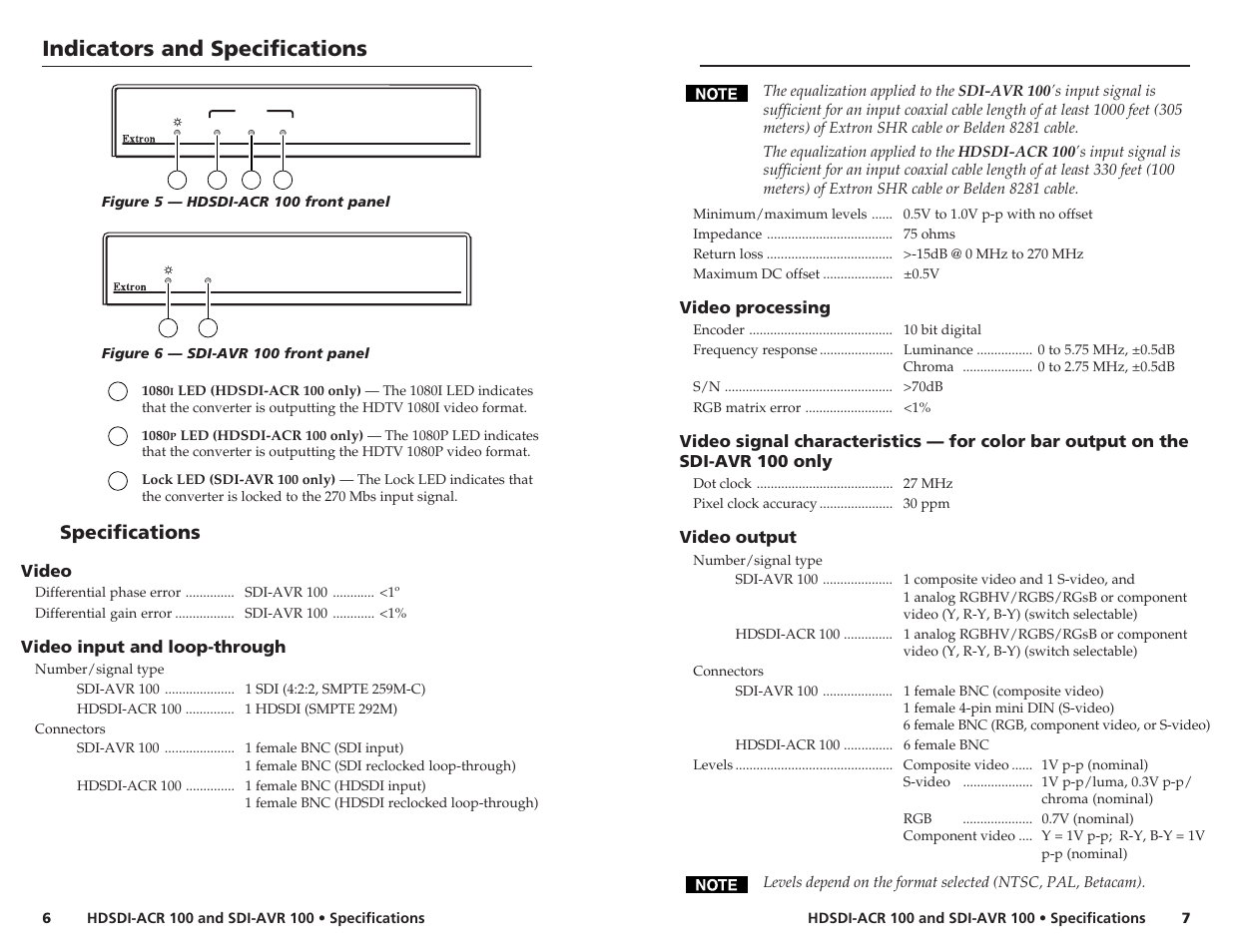 Indicators and specifications, Specifications, Video processing | Video output, Video, Video input and loop-through | Extron Electronics SDI-AVR 100 User Guide User Manual | Page 4 / 5