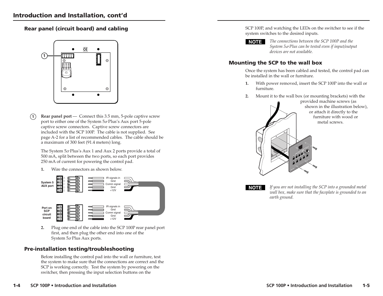 Introduction and installation, cont’d, Po wer mute, Mode volumn | Mounting the scp to the wall box, Pre-installation testing/troubleshooting, Rear panel (circuit board) and cabling | Extron Electronics SCP 100P User Guide User Manual | Page 6 / 11