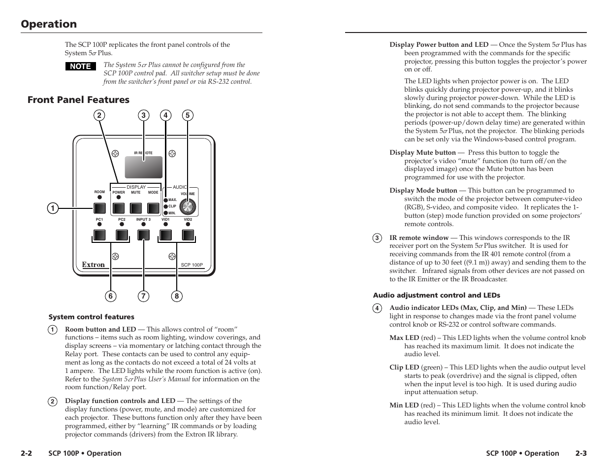 Operation, Operation, cont’d, Front panel features | Extron Electronics SCP 100P User Guide User Manual | Page 8 / 11