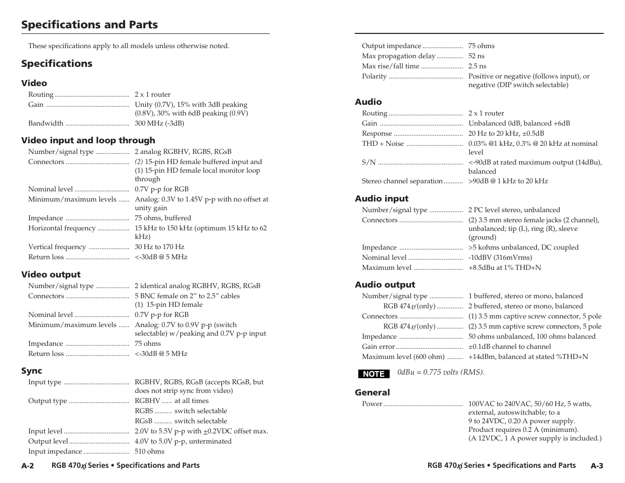 Specifications and parts, Specifications | Extron Electronics RGB 472xi_474xi_478xi_478 Mxi User Guide User Manual | Page 14 / 17