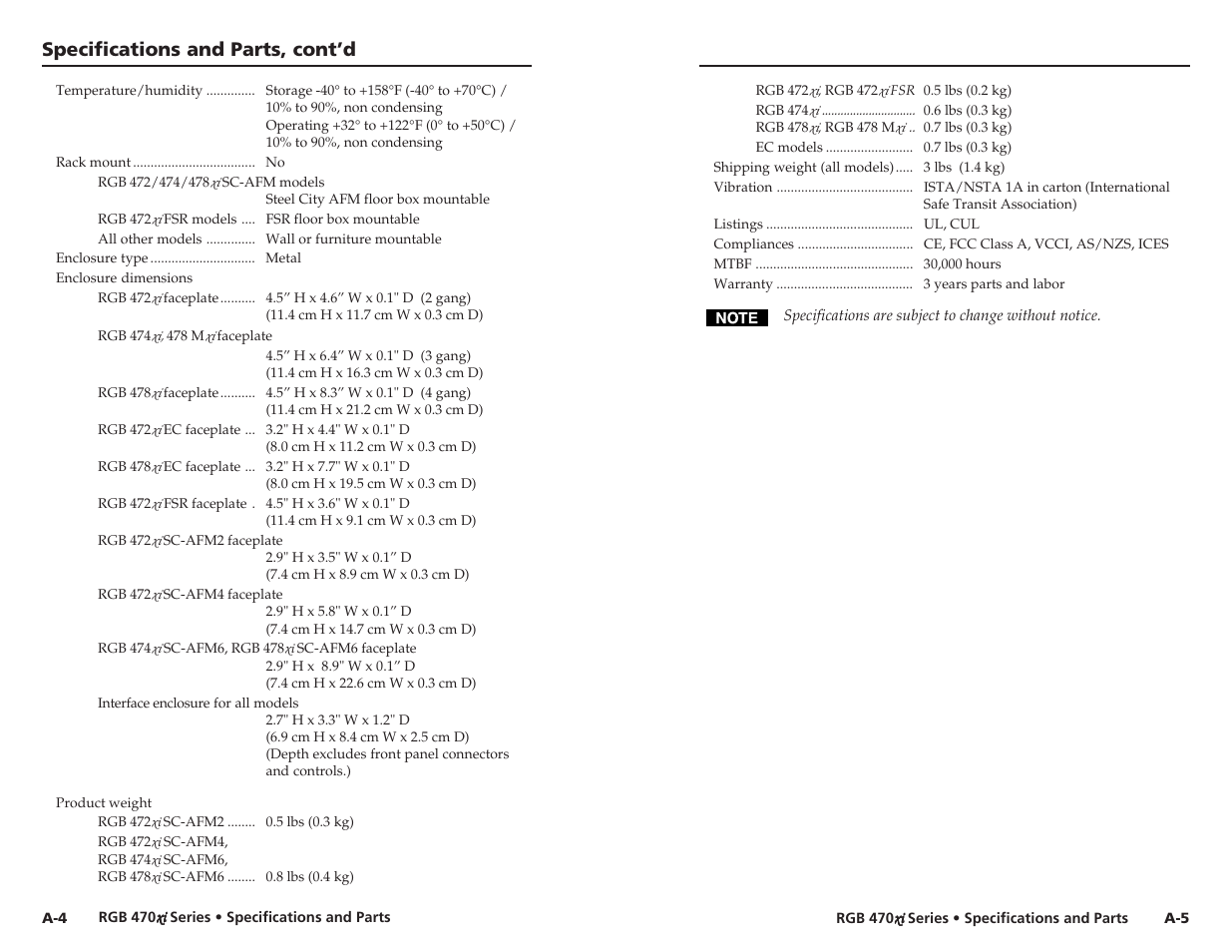 Specifications and parts, cont’d | Extron Electronics RGB 472xi_474xi_478xi_478 Mxi User Guide User Manual | Page 15 / 17