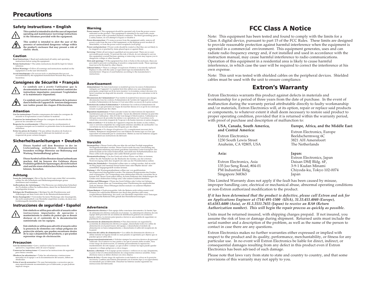 Precautions, Fcc class a notice, Extron’s warranty | Instrucciones de seguridad • español | Extron Electronics RGB 472xi_474xi_478xi_478 Mxi User Guide User Manual | Page 2 / 17