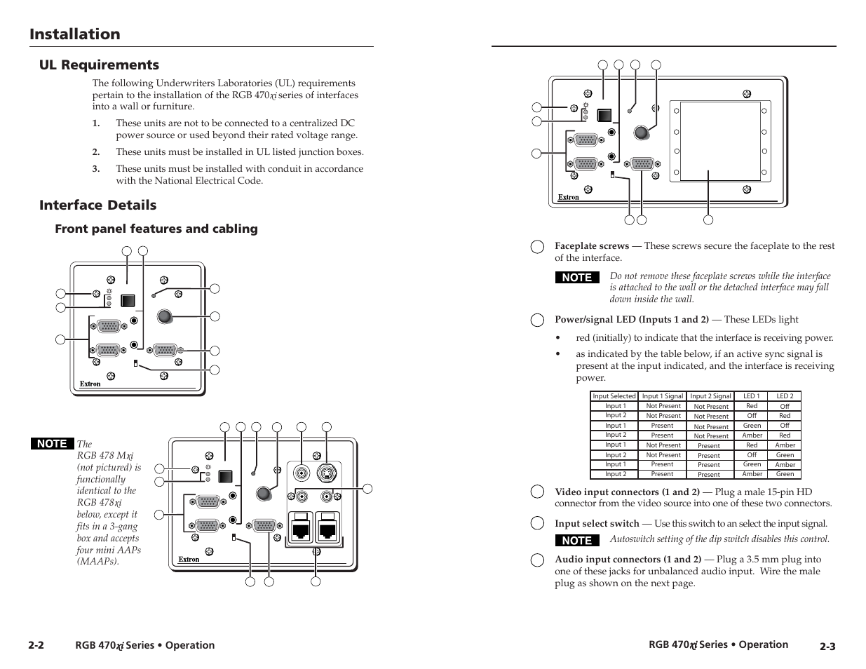 Installation, Interface details, Ul requirements | Front panel features and cabling, Rgb 470 xi xi xi xi xi series • operation | Extron Electronics RGB 472xi_474xi_478xi_478 Mxi User Guide User Manual | Page 8 / 17