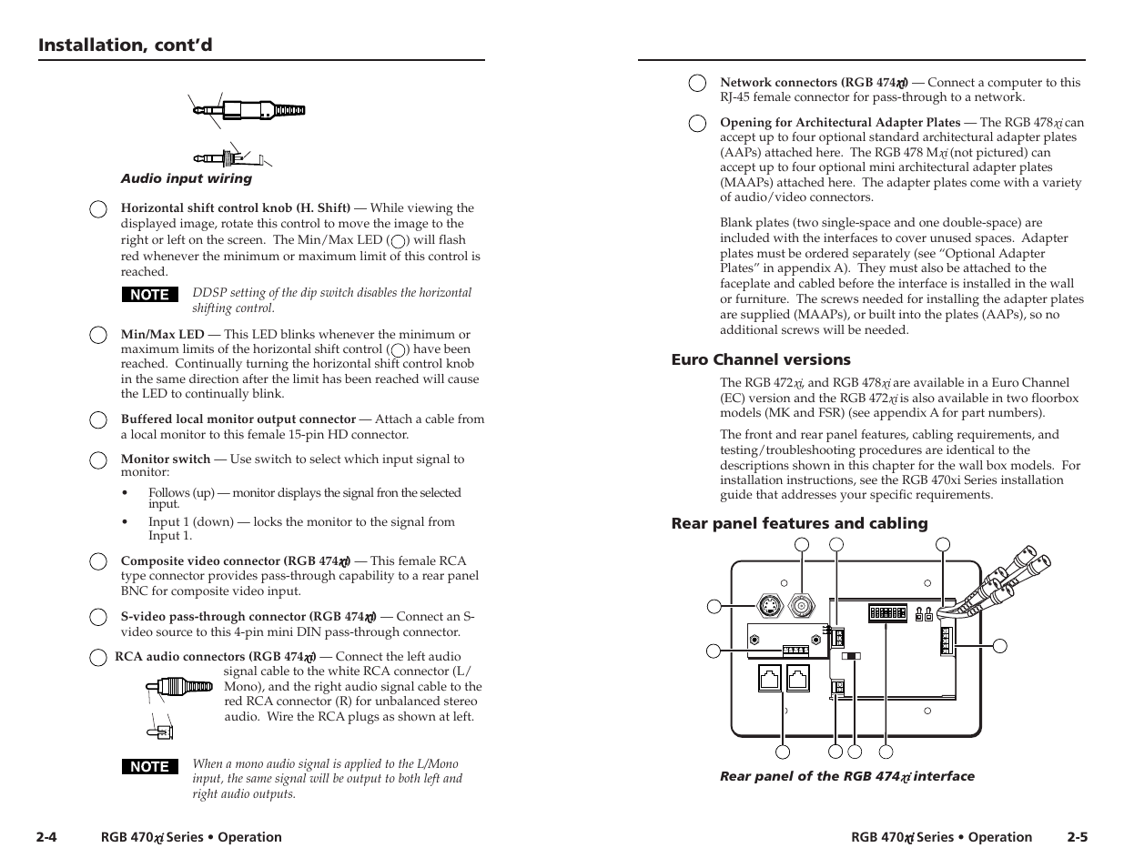 Installation, cont’d, Euro channel versions, Rear panel features and cabling | Extron Electronics RGB 472xi_474xi_478xi_478 Mxi User Guide User Manual | Page 9 / 17
