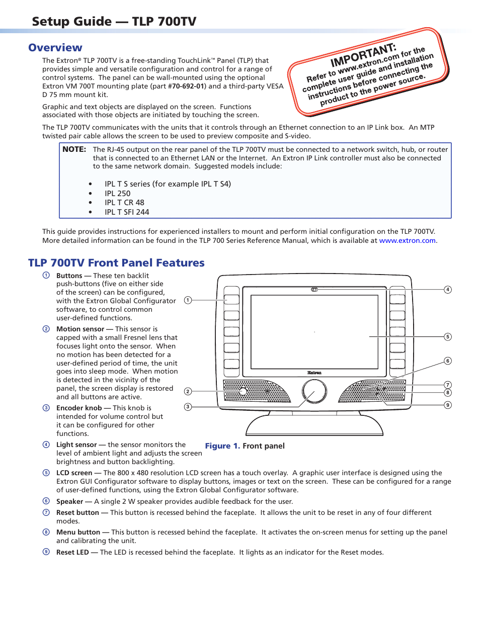 Extron Electronics TLP 700TV Setup Guide User Manual | 4 pages