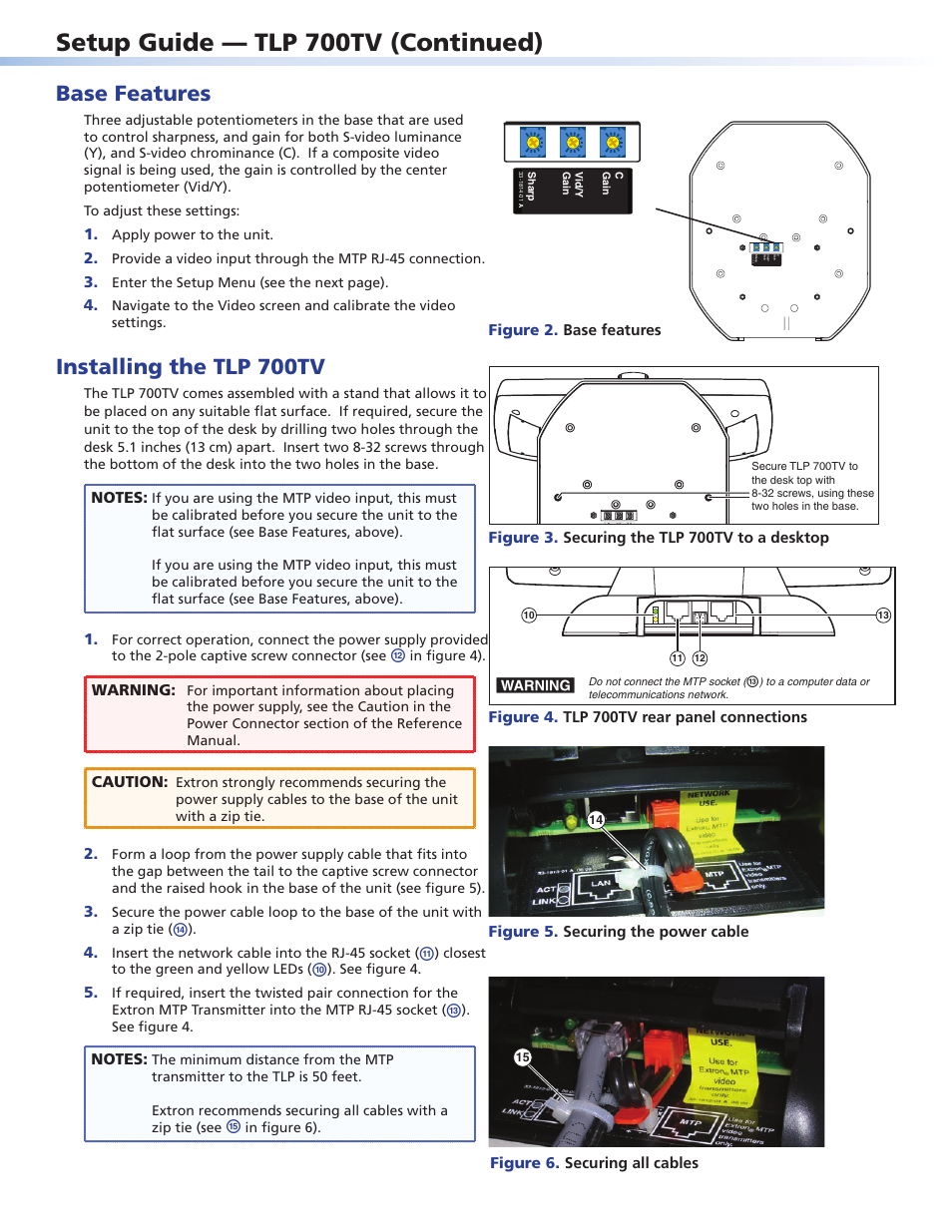 Base features, Installing the tlp 700tv, Setup guide — tlp 700tv (continued) | Extron Electronics TLP 700TV Setup Guide User Manual | Page 2 / 4