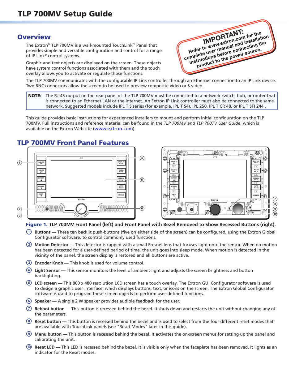 Extron Electronics TLP 700MV Setup Guide User Manual | 4 pages