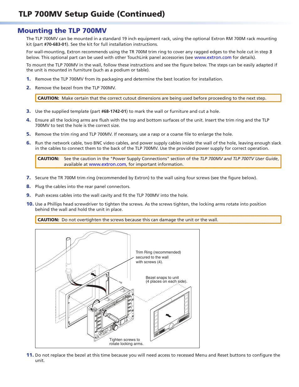 Mounting the tlp 700mv, Tlp 700mv setup guide (continued) | Extron Electronics TLP 700MV Setup Guide User Manual | Page 2 / 4