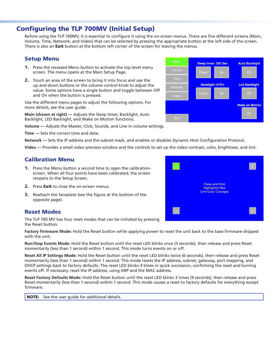 Configuring the tlp 700mv (initial setup), Setup menu, Calibration menu | Reset modes | Extron Electronics TLP 700MV Setup Guide User Manual | Page 3 / 4