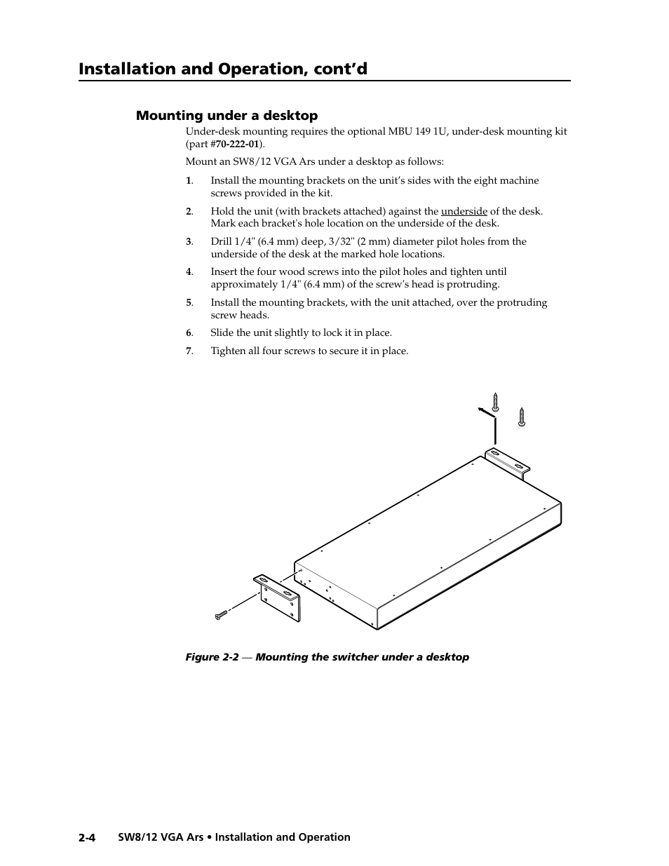 Mounting under a desktop, Mounting under a desktop -4, Installation and operation, cont’d | Extron Electronics SW8_12 VGA Ars User Guide User Manual | Page 13 / 41