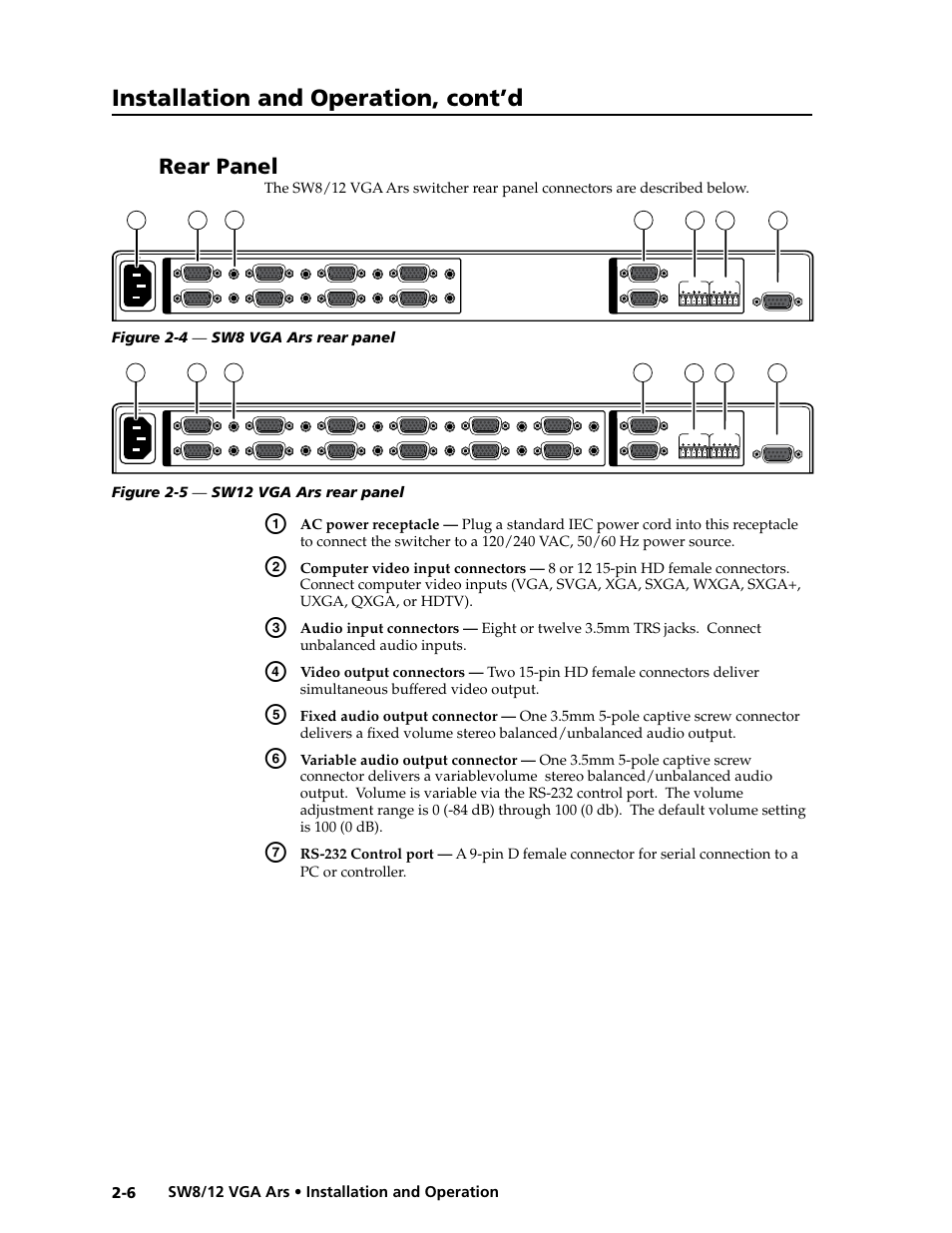 Rear panel, Installation and operation, cont’d, Figure 2-4 — sw8 vga ars rear panel | Figure 2-5 — sw12 vga ars rear panel | Extron Electronics SW8_12 VGA Ars User Guide User Manual | Page 15 / 41