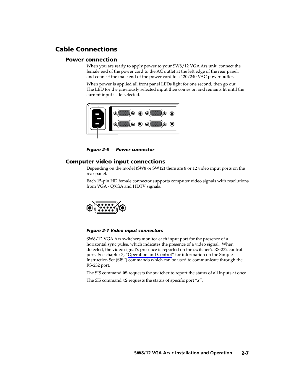 Cable connections, Power connection, Computer video input connections | Extron Electronics SW8_12 VGA Ars User Guide User Manual | Page 16 / 41