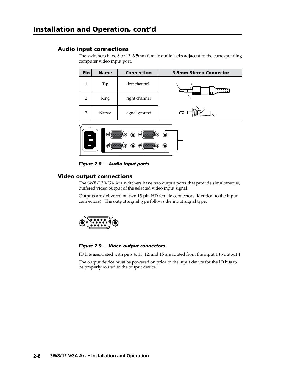 Audio input connections, Video output connections, Installation and operation, cont’d | Extron Electronics SW8_12 VGA Ars User Guide User Manual | Page 17 / 41