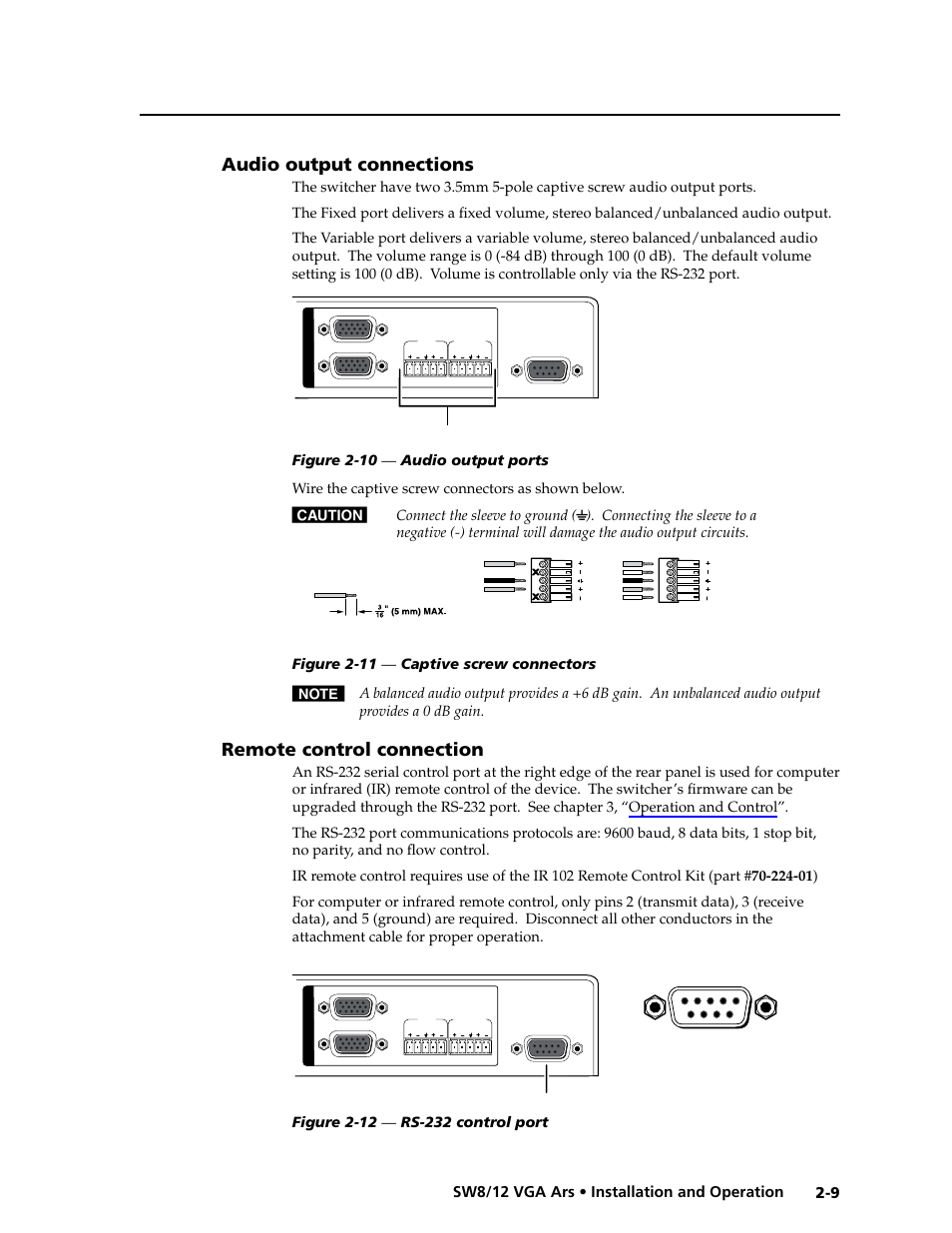 Audio output connections, Remote control connection, 9 sw8/12 vga ars • installation and operation | Extron Electronics SW8_12 VGA Ars User Guide User Manual | Page 18 / 41