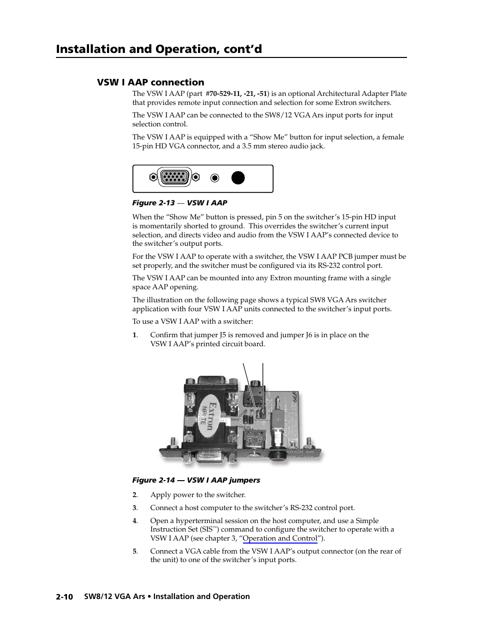 Vsw i aap connection, Vsw i aap connection -10, Installation and operation, cont’d | Extron Electronics SW8_12 VGA Ars User Guide User Manual | Page 19 / 41