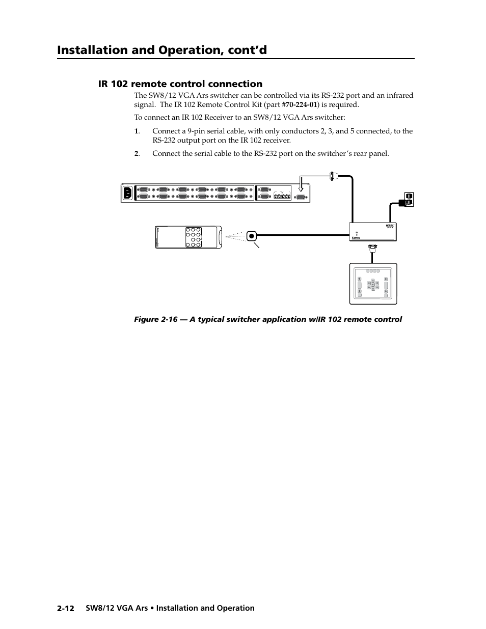 Ir 102 remote control connection, Ir 102 remote control connection -12, Installation and operation, cont’d | Lr l r | Extron Electronics SW8_12 VGA Ars User Guide User Manual | Page 21 / 41