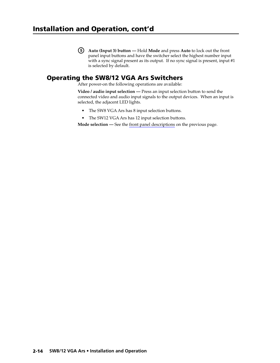 Operating the sw8/12 vga ars switchers, Installation and operation, cont’d | Extron Electronics SW8_12 VGA Ars User Guide User Manual | Page 23 / 41