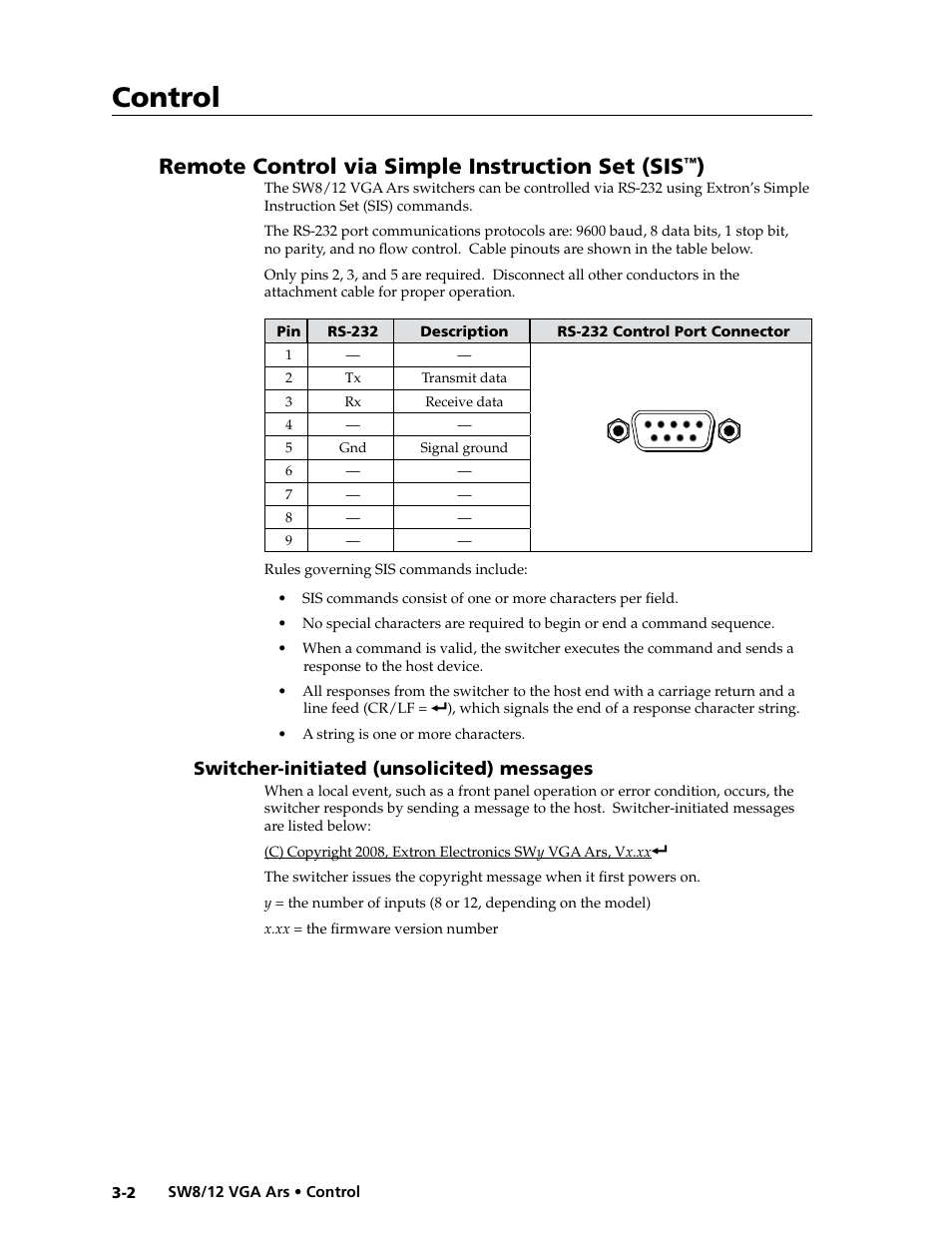 Remote control via simple instruction set (sis™), Switcher-initiated (unsolicited) messages, Remote control via simple instruction set (sis | Switcher-initiated (unsolicited) messages -2, Control | Extron Electronics SW8_12 VGA Ars User Guide User Manual | Page 25 / 41