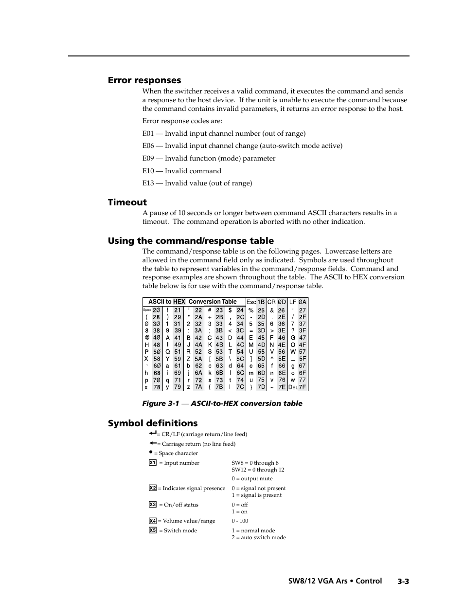 Error responses, Timeout, Using the command/response table | Symbol definitions | Extron Electronics SW8_12 VGA Ars User Guide User Manual | Page 26 / 41