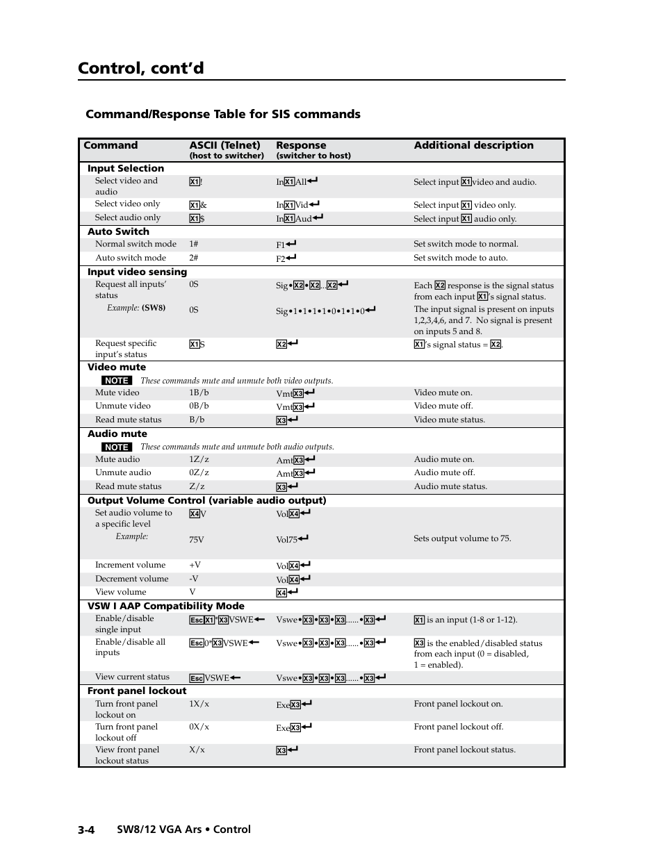 Command/response table for sis commands, Command/response table for sis commands -4, Control, cont’d | Extron Electronics SW8_12 VGA Ars User Guide User Manual | Page 27 / 41