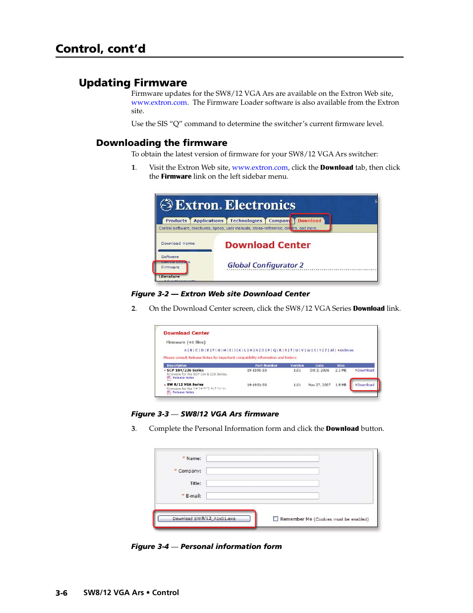Updating firmware, Downloading the firmware, Downloading the firmware -6 | Control, cont’d | Extron Electronics SW8_12 VGA Ars User Guide User Manual | Page 29 / 41