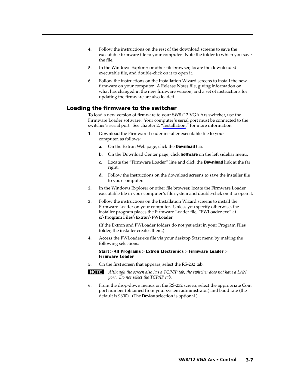 Loading the firmware to the switcher, Loading the firmware to the switcher -7 | Extron Electronics SW8_12 VGA Ars User Guide User Manual | Page 30 / 41