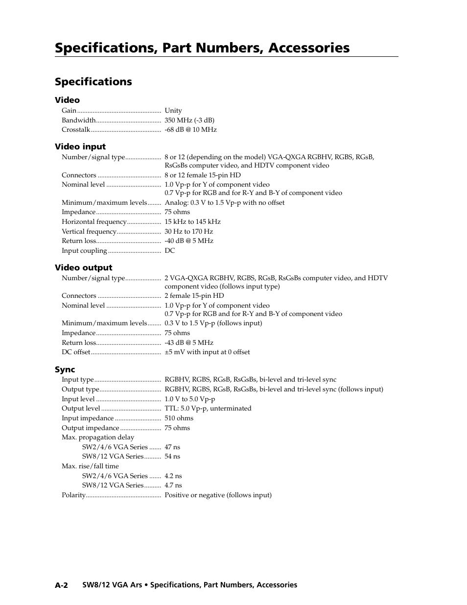 Specifications, Specifications, part numbers, accessories | Extron Electronics SW8_12 VGA Ars User Guide User Manual | Page 35 / 41