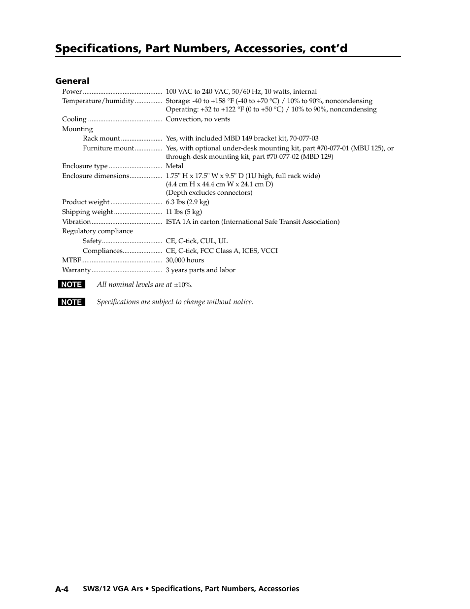Specifications, part numbers, accessories, cont’d | Extron Electronics SW8_12 VGA Ars User Guide User Manual | Page 37 / 41