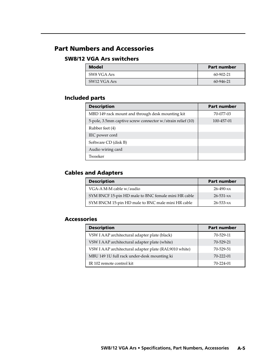 Part numbers and accessories, Sw8/12 vga ars switchers, Included parts | Cables and adapters, Accessories | Extron Electronics SW8_12 VGA Ars User Guide User Manual | Page 38 / 41