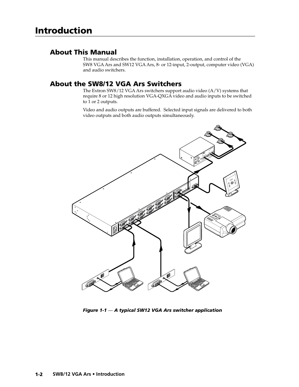 About this manual, About the sw8/12 vga ars switchers, Introduction | Po wer, Lr l r remo te 10v vol/mute, Sw12 vga ars, Extron mpa 122, Extron vsw i aap | Extron Electronics SW8_12 VGA Ars User Guide User Manual | Page 7 / 41