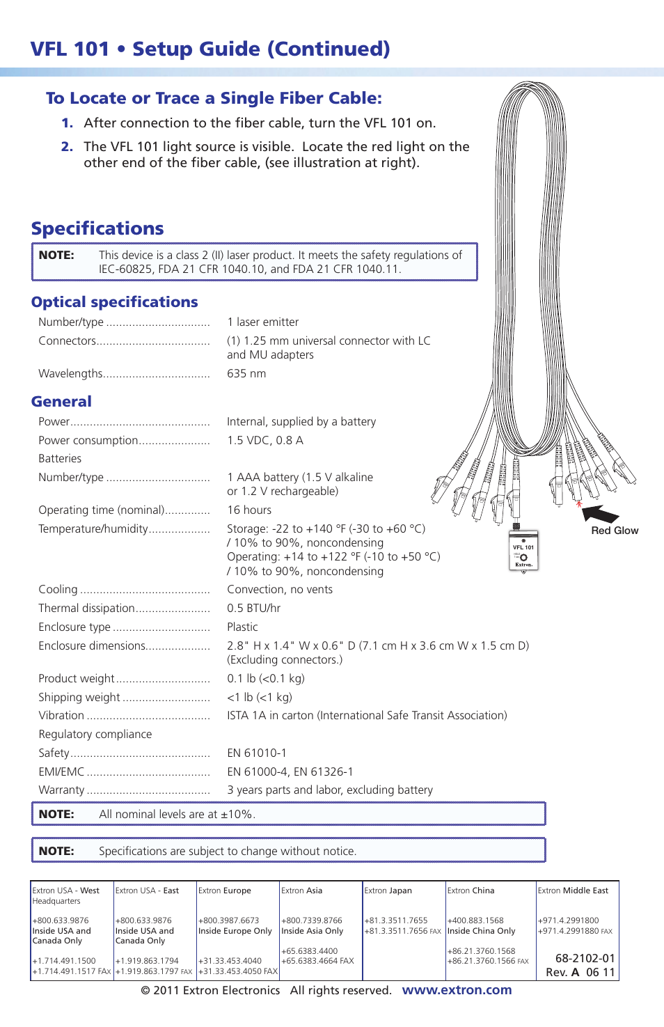 Vfl 101 • setup guide (continued), Specifications, Optical specifications | General | Extron Electronics VFL 101 User Guide User Manual | Page 2 / 2