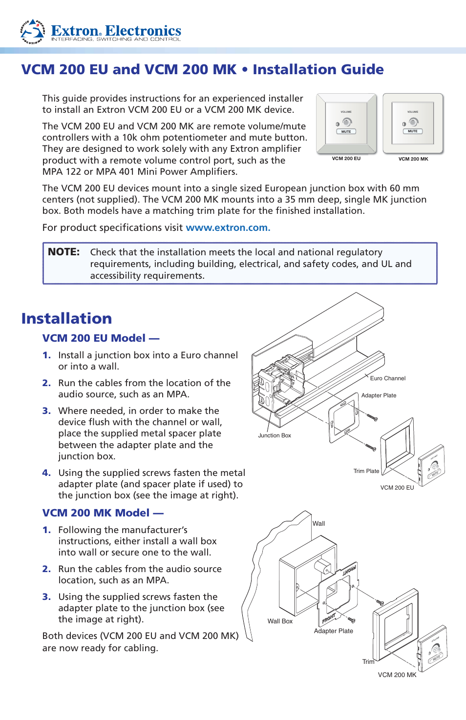 Extron Electronics VCM 200 MK Installation User Manual | 2 pages