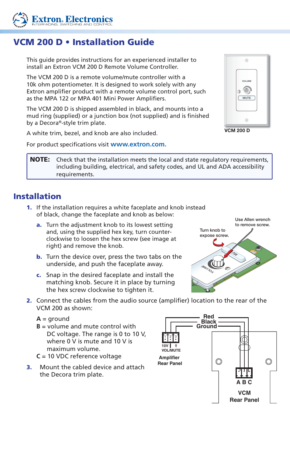 Extron Electronics VCM 200 D Installation User Manual | 2 pages