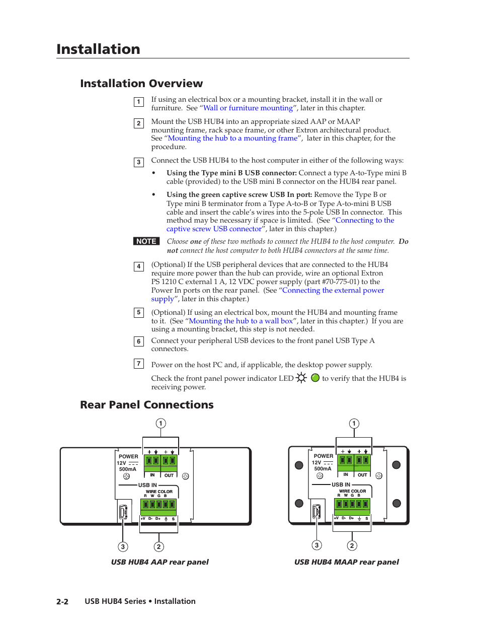 Installation overview, Rear panel connections, Preliminar y | Installation | Extron Electronics USB HUB4 Series User Guide User Manual | Page 12 / 28