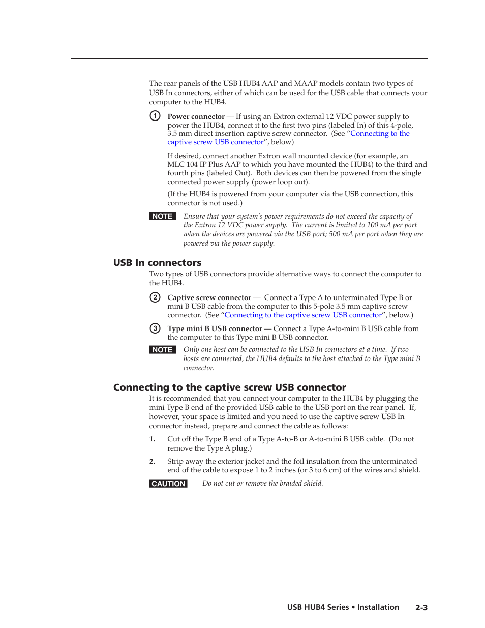 Usb in connectors, Connecting to the captive screw usb connector, Method may be necessary if space is limited. (see | Connecting to the, Captive screw usb connector, Preliminar y | Extron Electronics USB HUB4 Series User Guide User Manual | Page 13 / 28