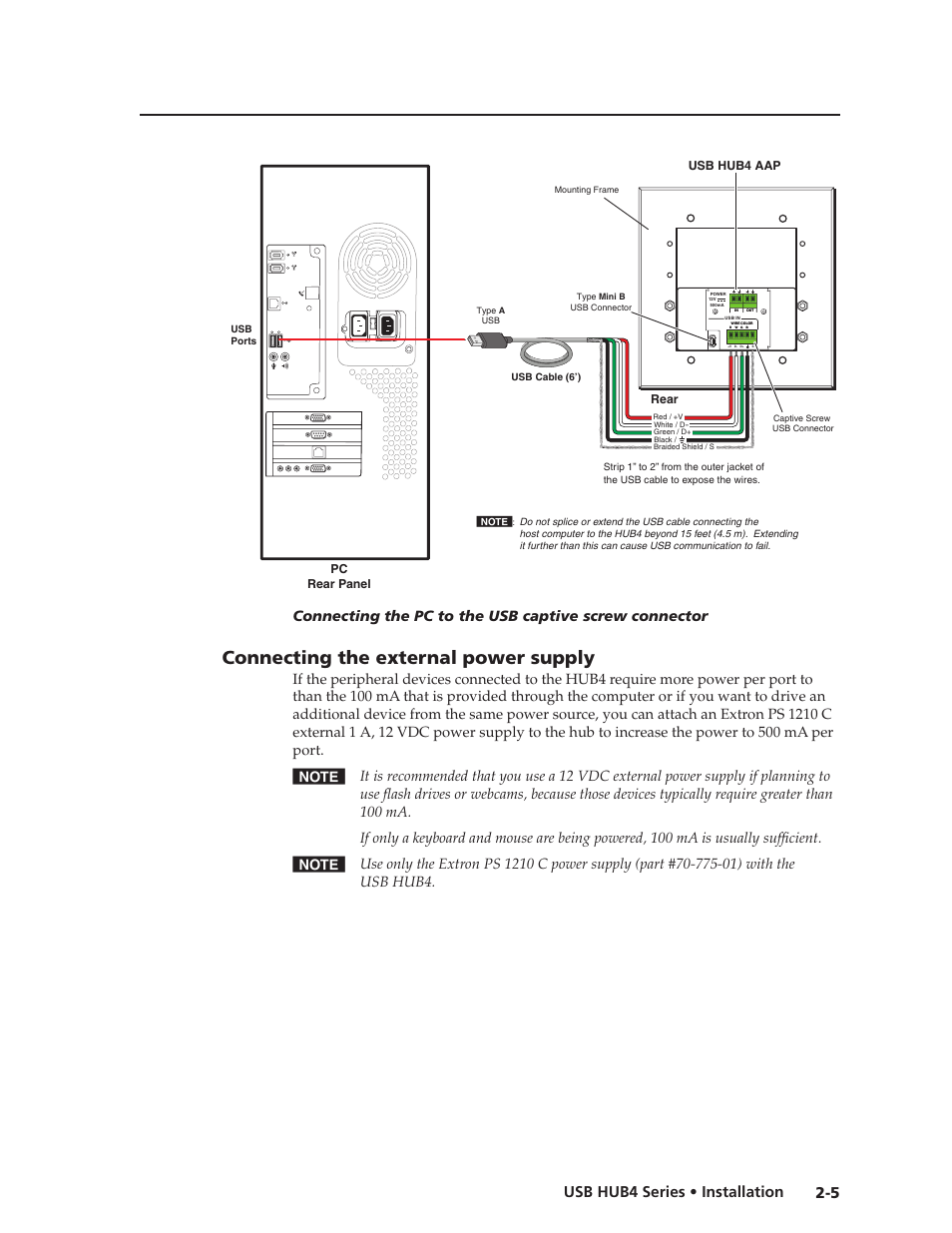 Connecting the external power supply, Connecting the external power supply -5, Ear panel. (see | Connecting the external power, Supply, Preliminar y, 5 usb hub4 series • installation | Extron Electronics USB HUB4 Series User Guide User Manual | Page 15 / 28