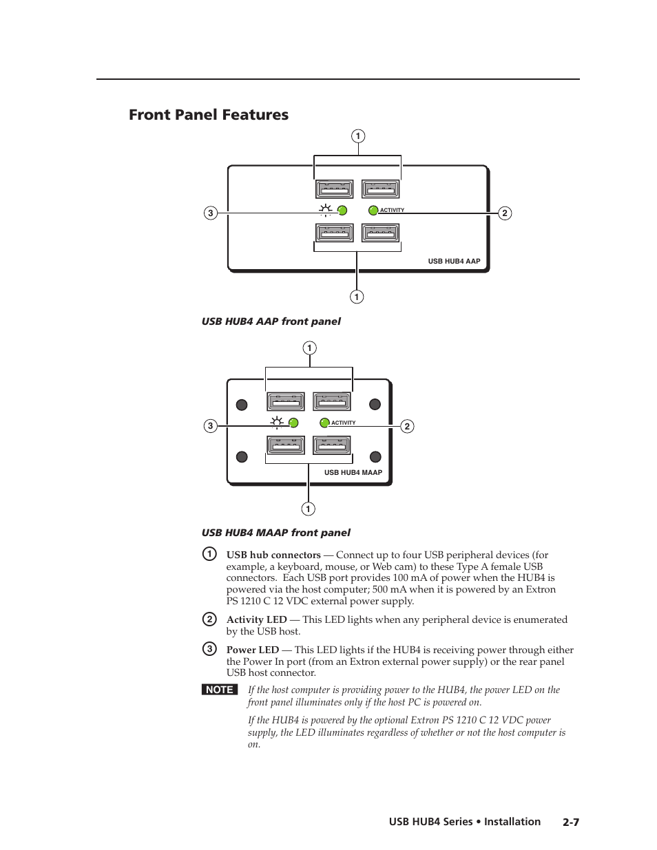 Front panel features, Preliminar y | Extron Electronics USB HUB4 Series User Guide User Manual | Page 17 / 28